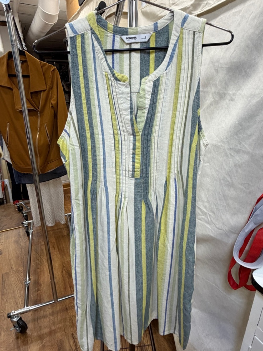 Sonoma Striped Linen Blend Dress in White, Blue & Lime